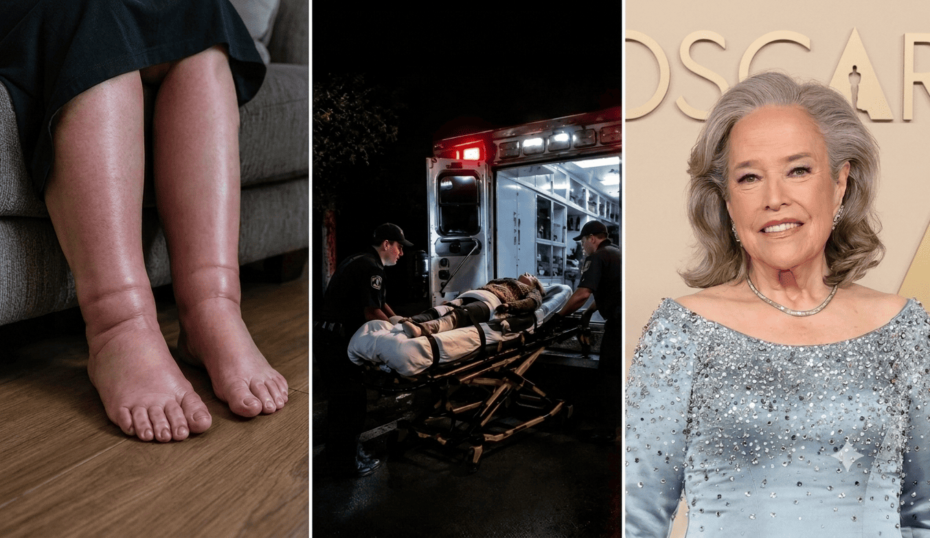 Severely swollen legs and ankles, paramedics loading a patient into an ambulance, and Oscar winner Kathy Bates